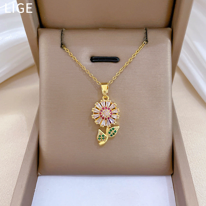 Sweet Luxury Colorful Floral Geometric Cubic Zirconia Titanium Steel Necklace for Unisex