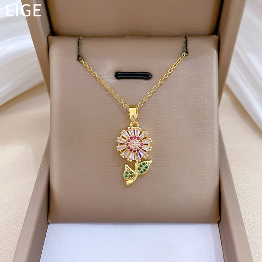 Sweet Luxury Colorful Floral Geometric Cubic Zirconia Titanium Steel Necklace for Unisex