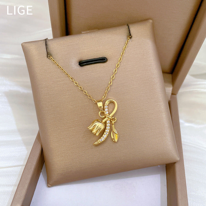 Minimalist Geometric Bell Orchid Necklace for Women and Men Stainless Steel Chain with Copper Pendant and Rhinestone Accents