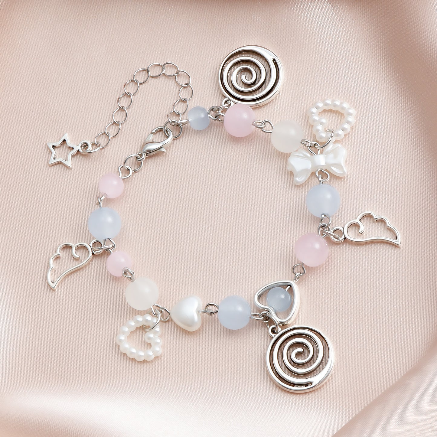 Geometric Beaded Bracelet for Women with Imitation Pearl and Heart Charms Electroplated Metal Bracelet for Anniversary Gift