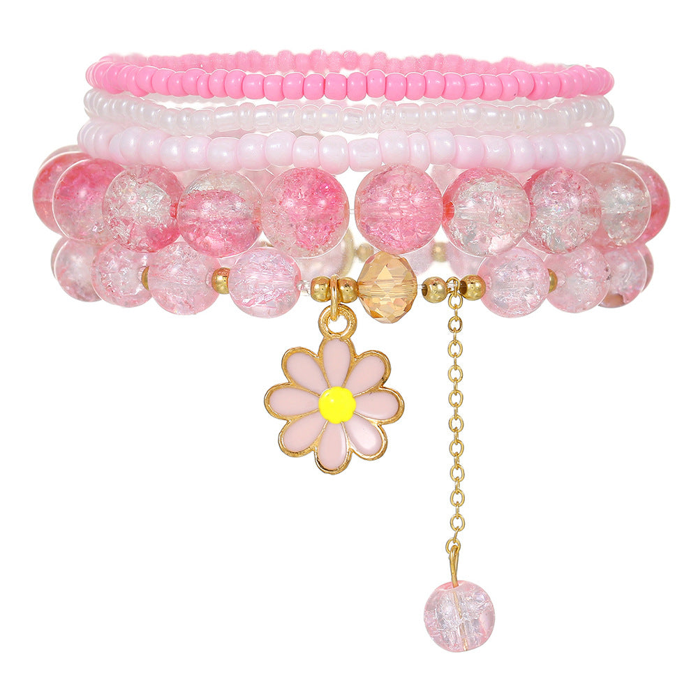 Sweet Handmade Crystal Seed Bead Daisy Flower Elastic Bracelet Set