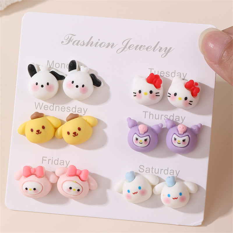 Orecchini a perno per bambine di Sanrio Kiki, in resina plastica, con personaggi dei cartoni animati e intarsio di perle