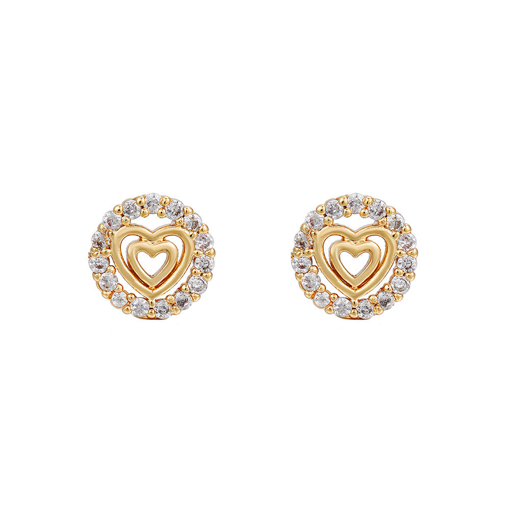 Minimalist Elegant Gold Plated Brass Heart Earrings with Micro-Inlaid Cubic Zirconia