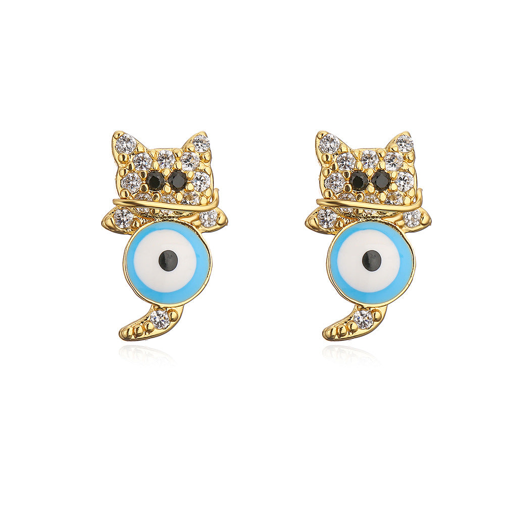 Orecchini geometrici da donna a forma di gatto, in rame con placcatura in oro 18K e finitura smaltata