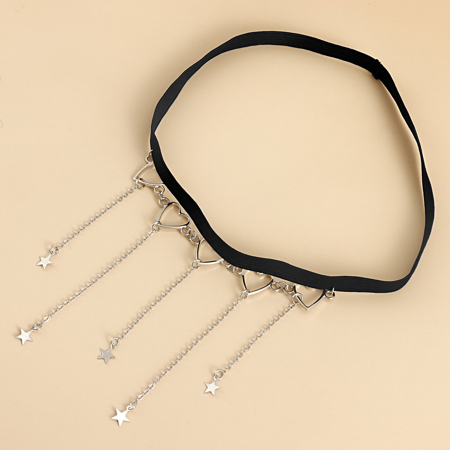 Sexy Street-Style Geometric Alloy Anklet with Heart and Star Charms, Tassel Detail, Elastic Band for Women