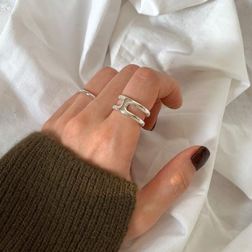 Vintage Geometric Double-Layer H-Shaped Polished 925 Sterling Silver Ring