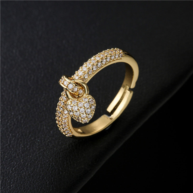 Minimalist 18K Gold Plated Brass Heart Geometric Ring with Cubic Zirconia Inlay for Women