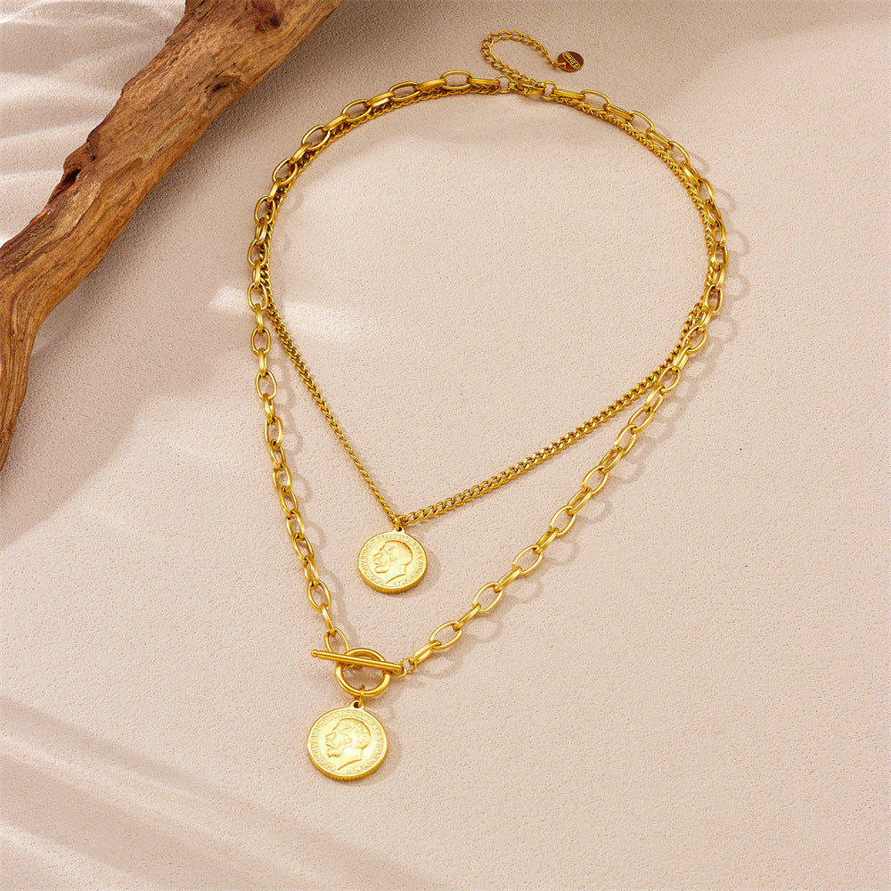 Collana con ciondolo tondo doppio lato con ritratto vintage in acciaio inossidabile placcato oro, catena a serpente da donna
