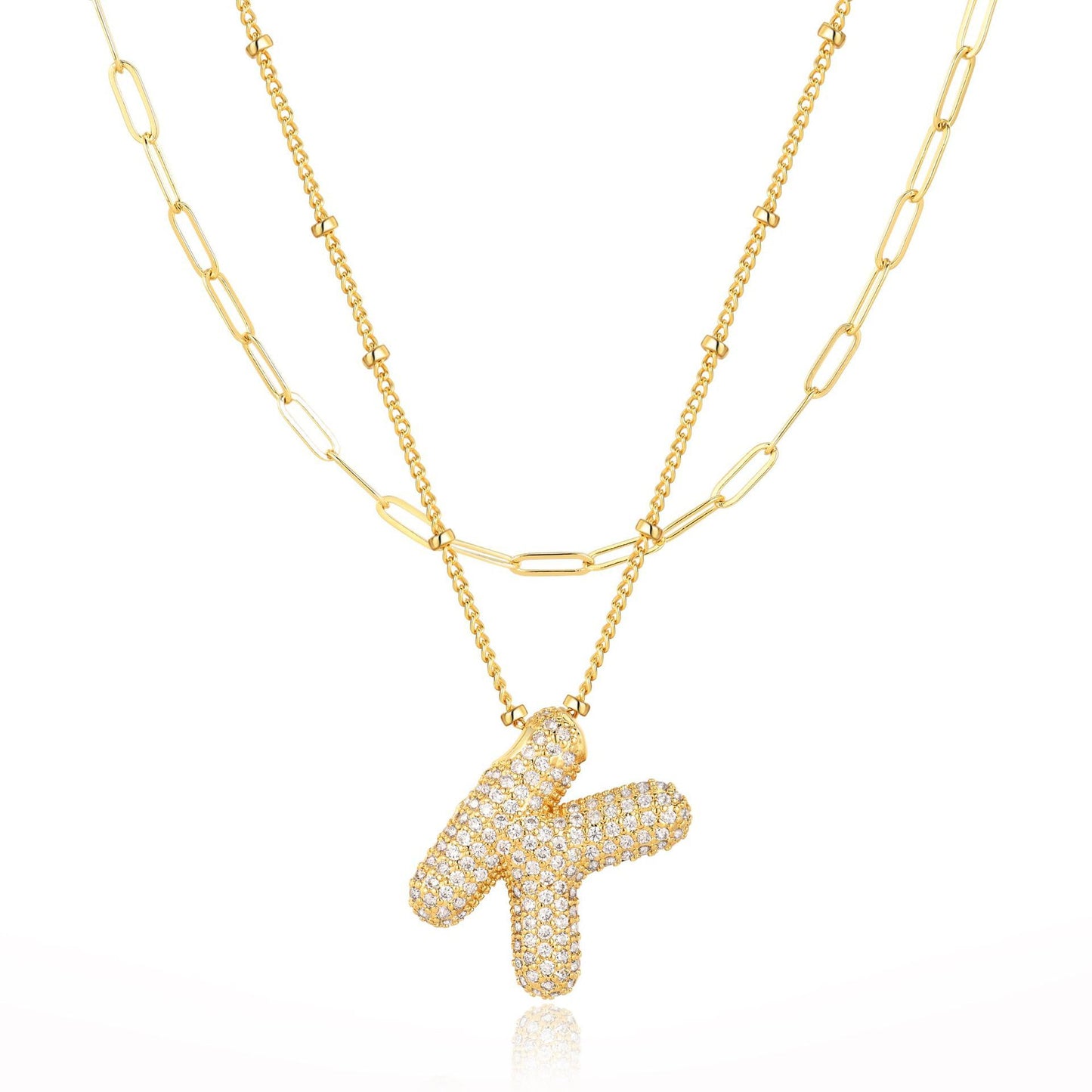18K Gold Plated Brass Double Layer Letter Necklace Micro Pave Cubic Zirconia Serpentine Chain Women's Jewelry