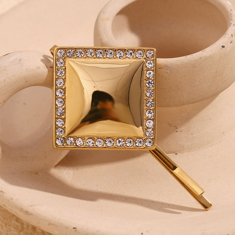 Minimalist Geometric Square Hair Clip in Stainless Steel with 18K Gold Plating and Rhinestone Accents