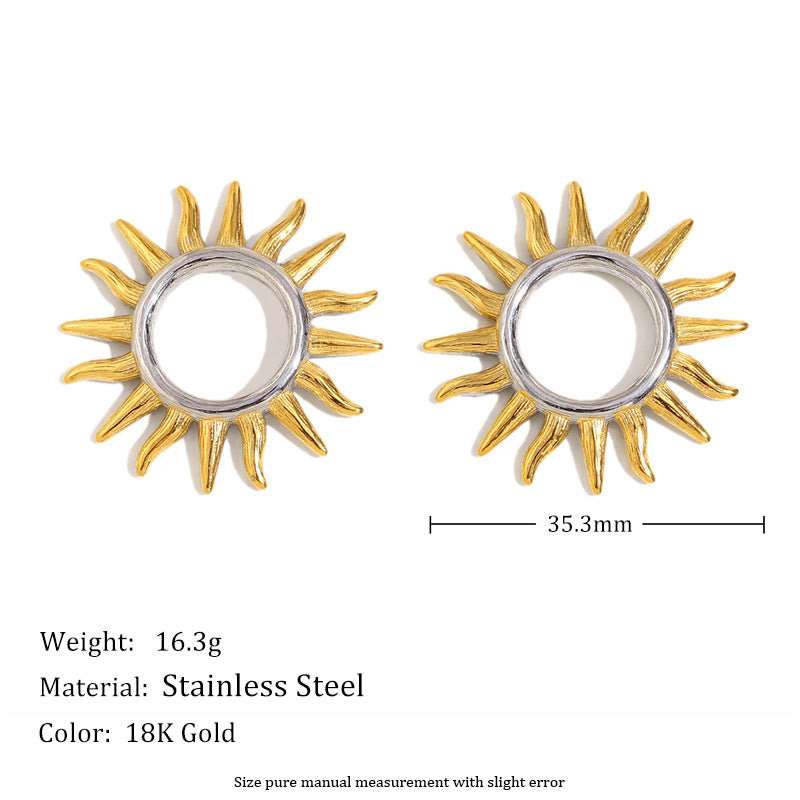 Orecchini a perno da donna geometrici a forma di sole vintage, in acciaio inossidabile placcato oro 18 carati, alla moda