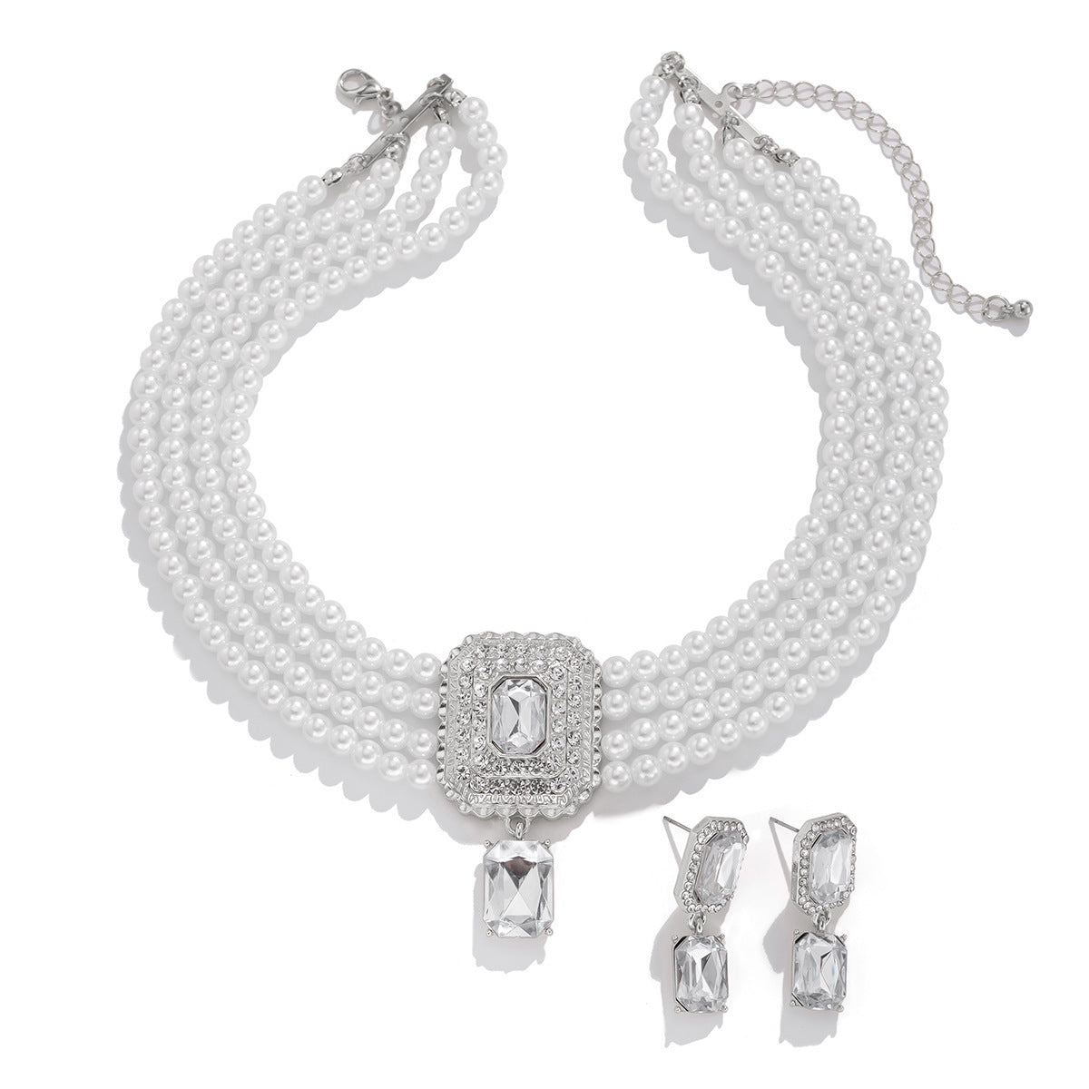 Luxury Multi-Layer Geometric Imitation Pearl Necklace and Earring Set with Triangle and Heart Charms for Women