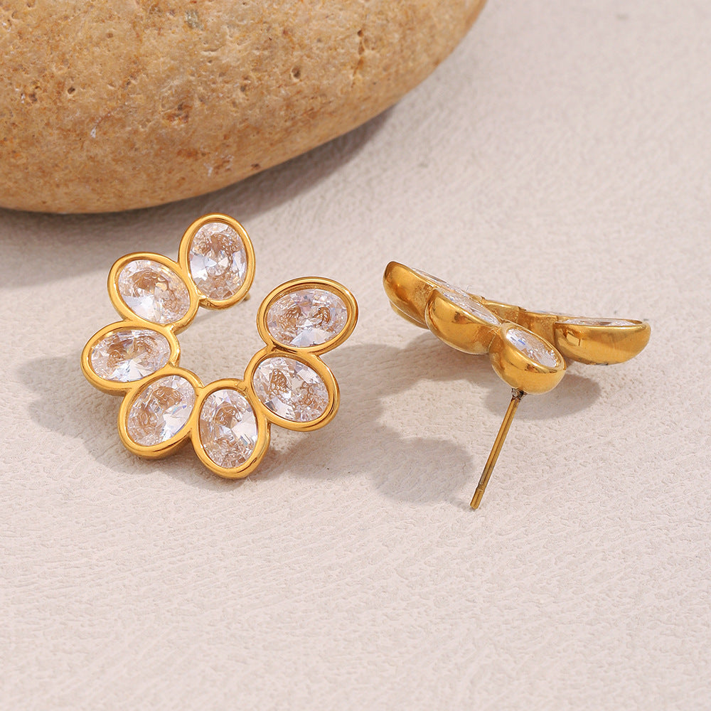Pendientes Minimalistas Florales de Acero Inoxidable con Baño de Oro de 18K y Detalles de Circonita para Mujer