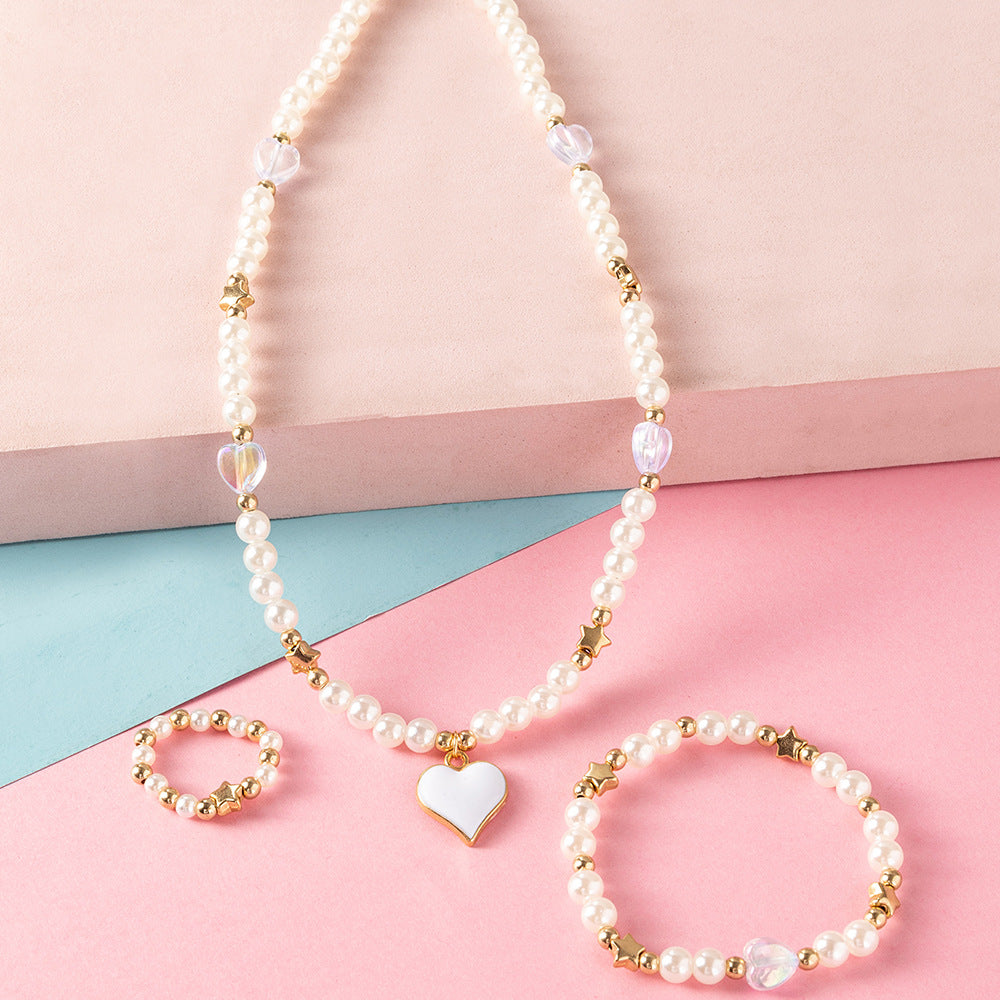 Set di Collane con Pendente a Cuore e Stella con Perline di Vetro per Ragazze, Inclusi Collana, Anello e Braccialetto