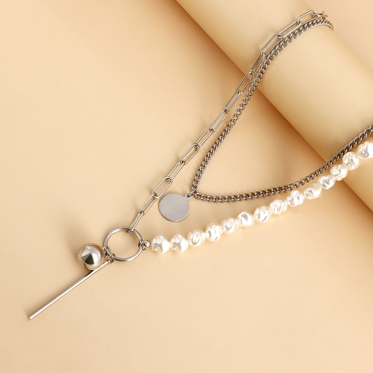 Geometric Fashion Necklace with Bar Pendant and Spherical Accents, Alloy Chain with Electroplated Finish for Women
