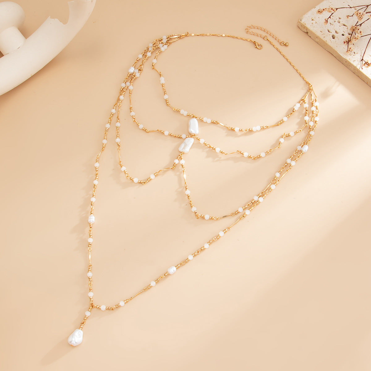 Sweet Geometric Multi-layer Faux Pearl Crystal Beaded Necklace for Women