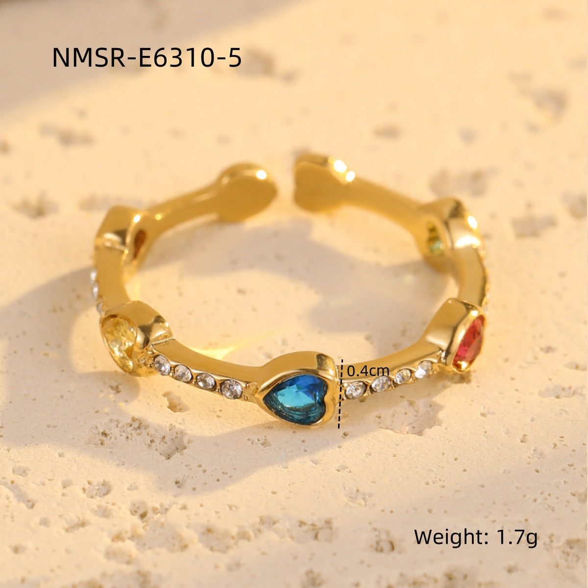 Anillo abierto de acero inoxidable con forma de corazón, zirconias de colores incrustadas, estilo lujo ligero, para mujer