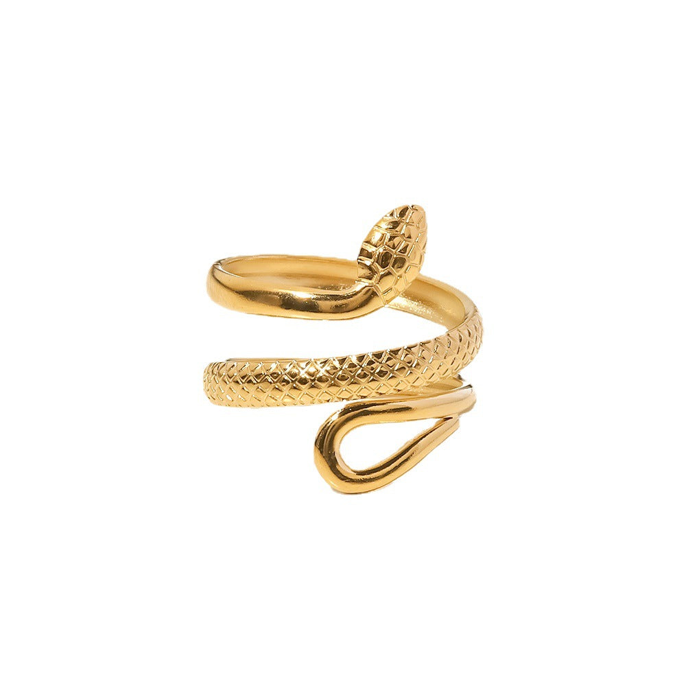 Anello classico da donna in acciaio inossidabile placcato oro 18 carati con serpente testurizzato, design scavato, regolabile