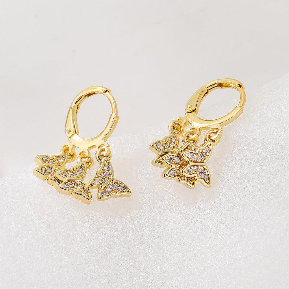Minimalist Butterfly-Shaped Copper Earrings with 18K Gold Plating and Micro-Paved Zirconia for Women