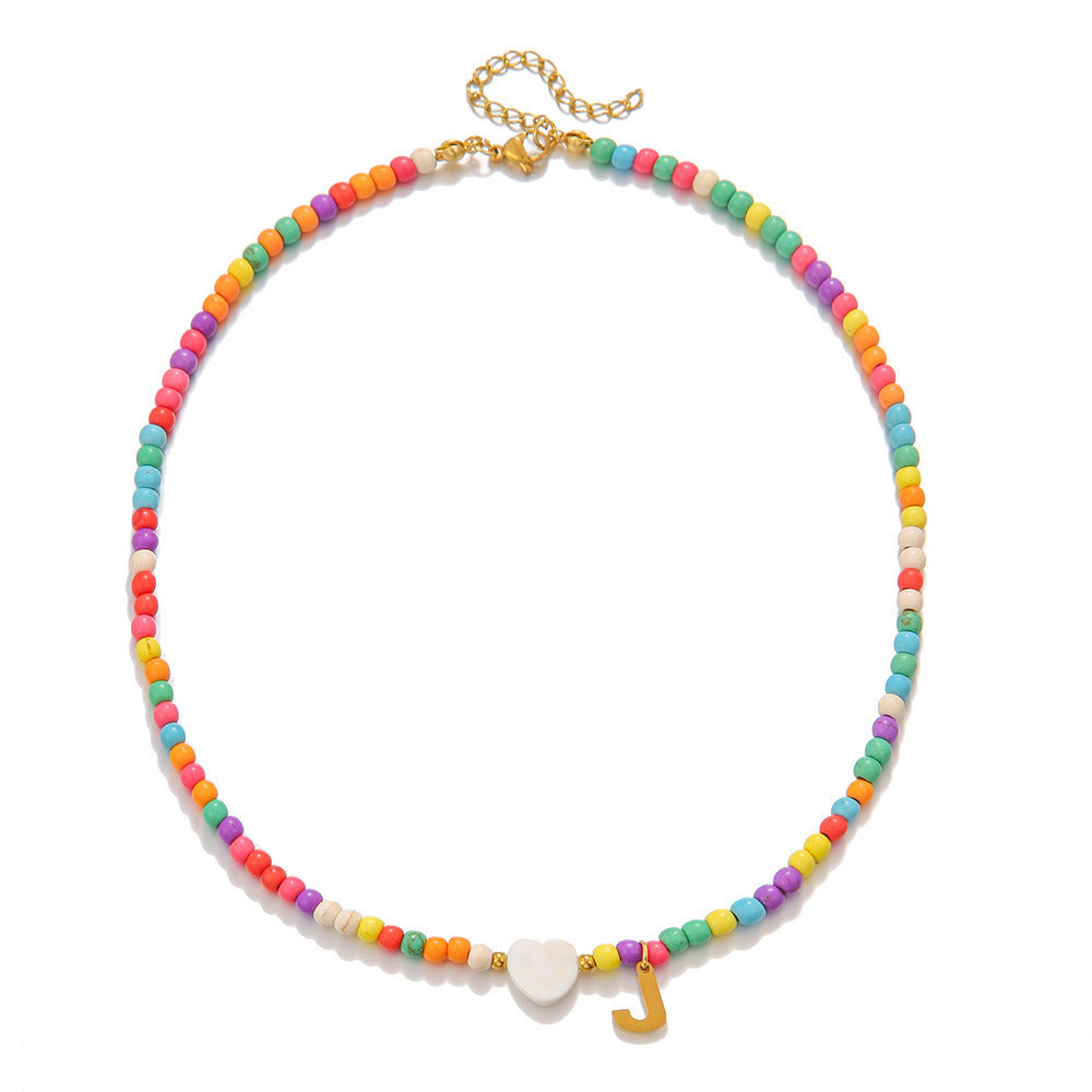 Fashion Stainless Steel Letter Heart Turquoise Charm Bar Necklace Cable Chain Unisex