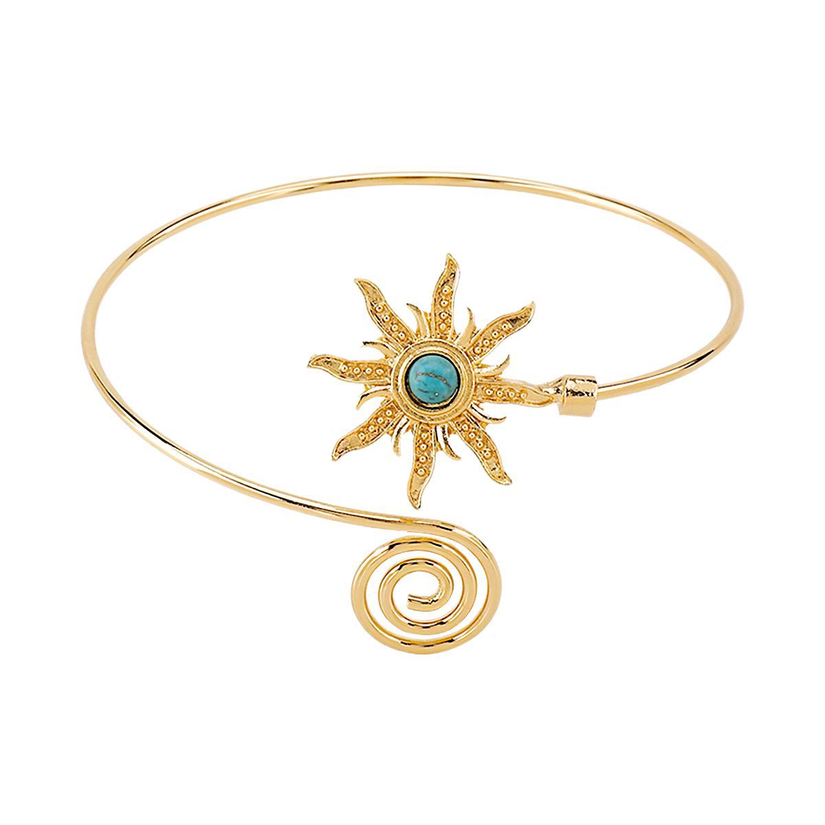 Bracciale rigido aperto stile bohémien vintage con girasole, turchese e tonalità ottone regolabile