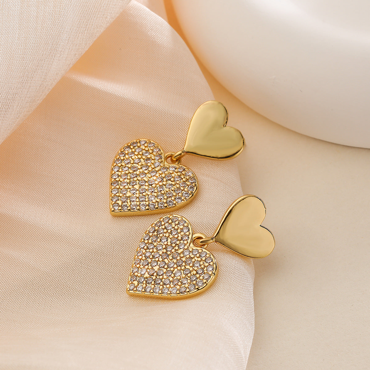 Minimalist Irregular Geometric Earrings for Women with Micro-Pave Zirconia in Copper, Heart-Shaped Accent