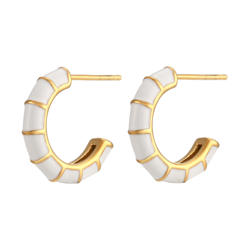 Fashionable Geometric Wheel-Shaped Stainless Steel Earrings with 18K Gold Plating and Enamel Coloring for Women