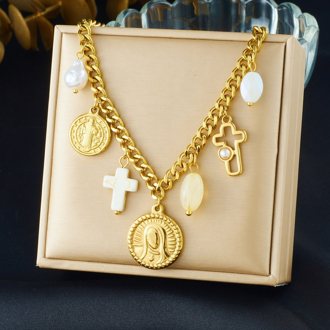 Vintage Elegant Oval Cross Relief Stainless Steel Pendant Necklace Set for Women