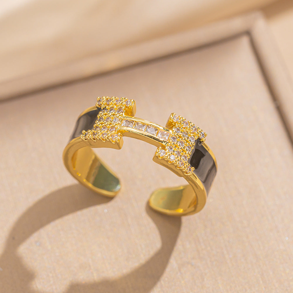Luxury Minimalist Adjustable Open Ring for Women with Gold-Plated Copper Band and Zircon Stone Accent in Heart and Floral Shape