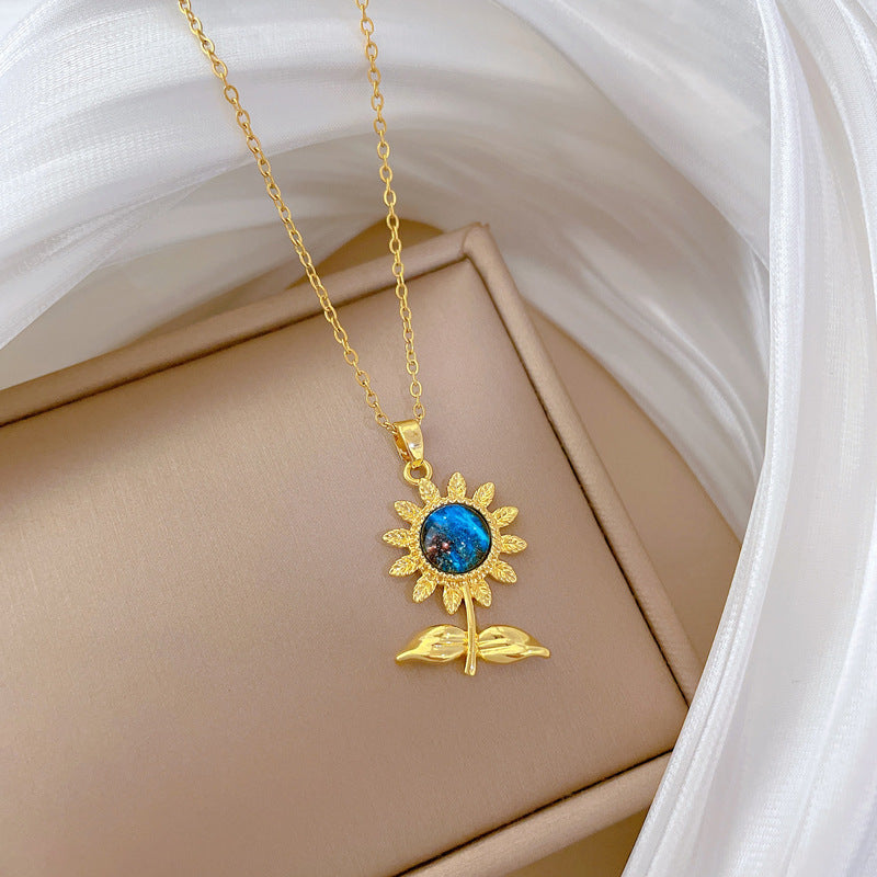 Sweet Minimalist Leaf Flower Moon Rhinestone Titanium Steel Necklace for Unisex