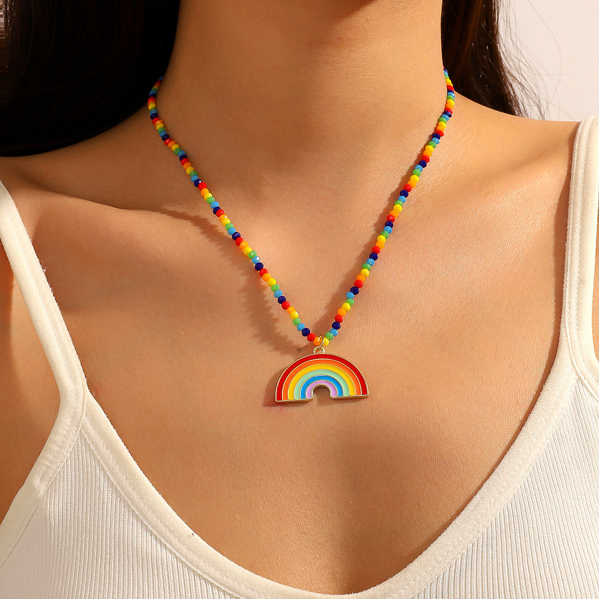 Minimalist Geometric Crystal Rainbow Pendant Necklace Zinc Alloy Unisex Multi-layer Clavicle Chain