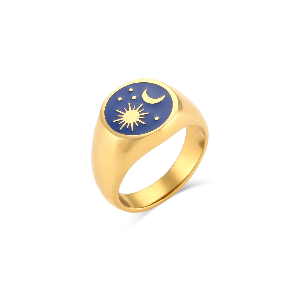 Anillo de Acero Inoxidable Geométrico Chapado con Sol y Luna para Mujer con Acabado Esmaltado