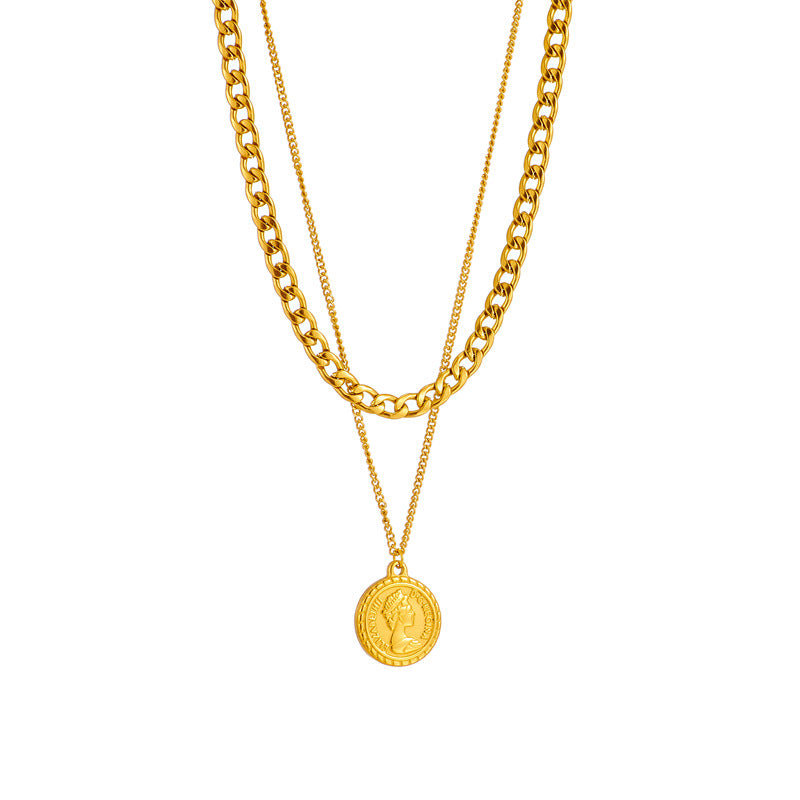 Collana a doppia catena serpente minimalista con ciondolo rotondo con design a ritratto di regina in acciaio inossidabile con finitura placcata