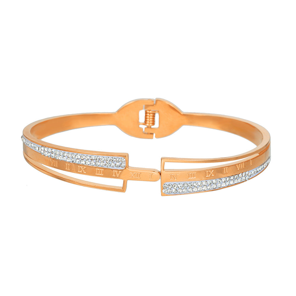 Minimalist Titanium Steel Rhinestone Inlay Geometric Round Letter Number Hollow Spring Cuff Bracelet