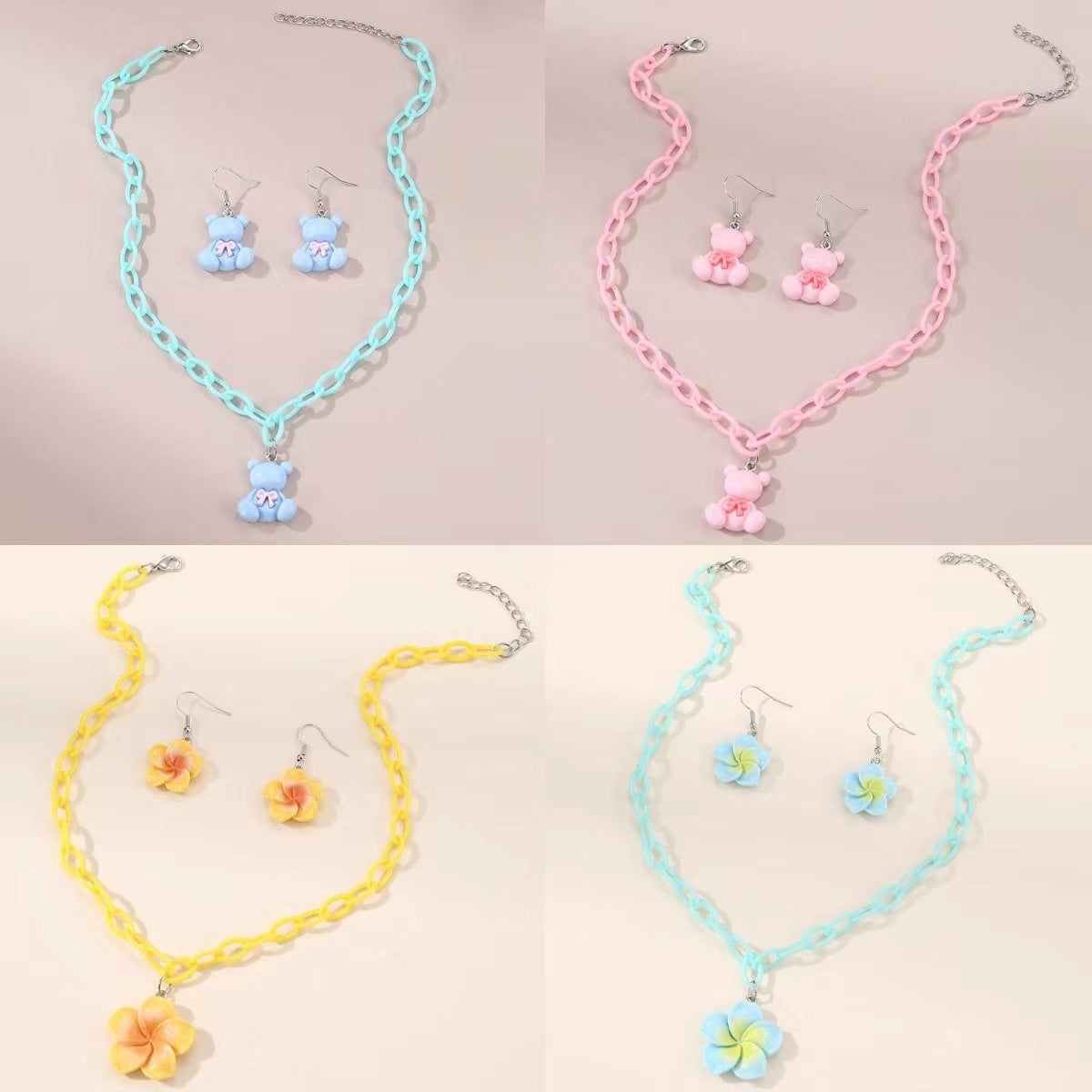 Set di collana con ciondolo a orso primaverile e floreale per bambini in resina con catena regolabile