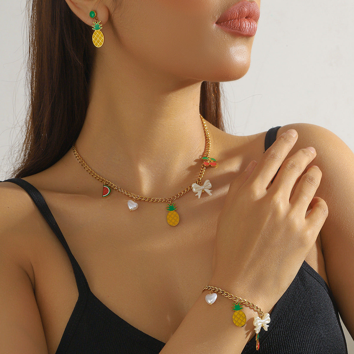 Elegant Cartoon Drip Oil Plated Stainless Steel Butterfly Fruit Jewelry Set with Serpentine Chain for Women
