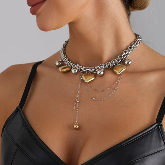 Minimalist Punk Two-Tone Heart Geometric Alloy Plated Choker Necklace for Women