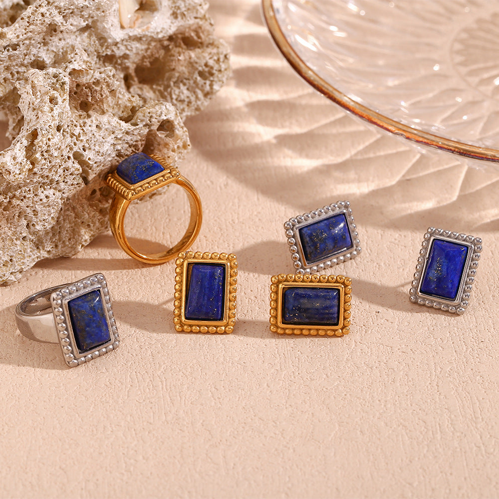 Vintage Geometric Stainless Steel Plated 18K Gold Lapis Lazuli Ring for Women