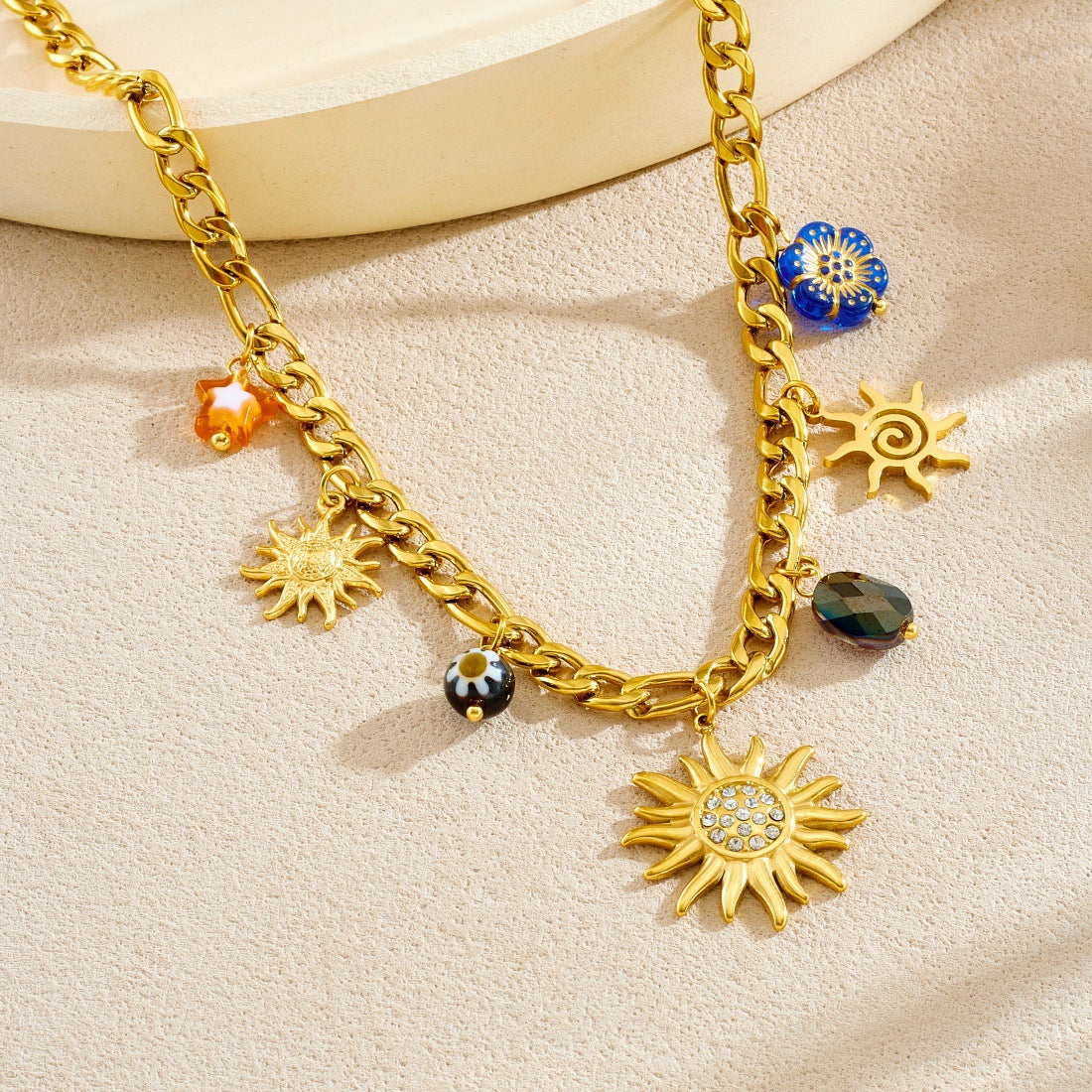 Vintage Elegant Gold Plated Rhinestone Inlaid Stainless Steel and Acrylic Sunflower Pendant Necklace and Bracelet Set for Women