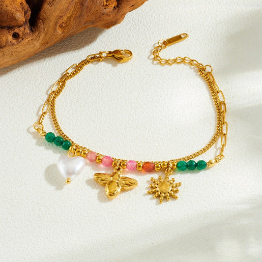 Vintage Colorful Beaded Stainless Steel Heart Pearl Bee Sun Pendant Bracelet for Women