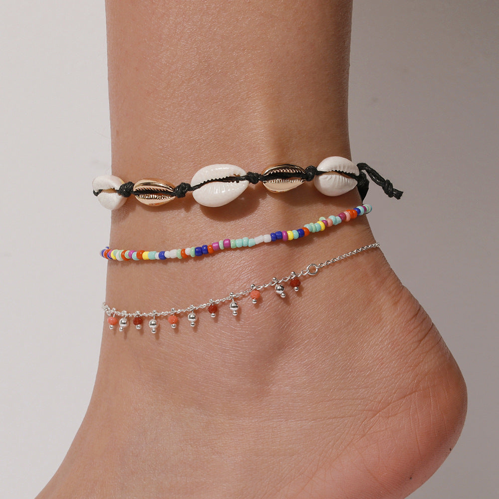 Bohemian Braided Geometric Brass and Glass Bead Anklet for Women