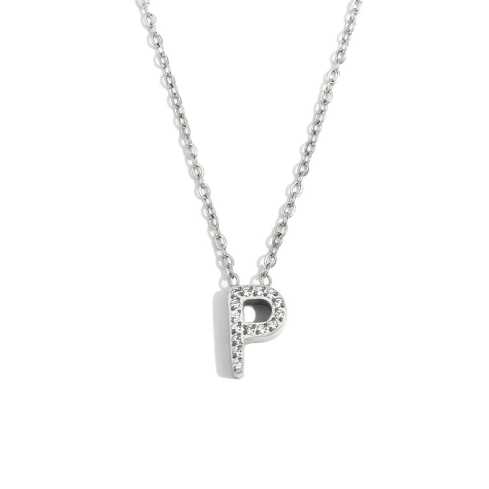 Minimalist Fashion Letter Pendant Necklace for Women Stainless Steel with 18K Gold Plating and Rhinestone Inlay