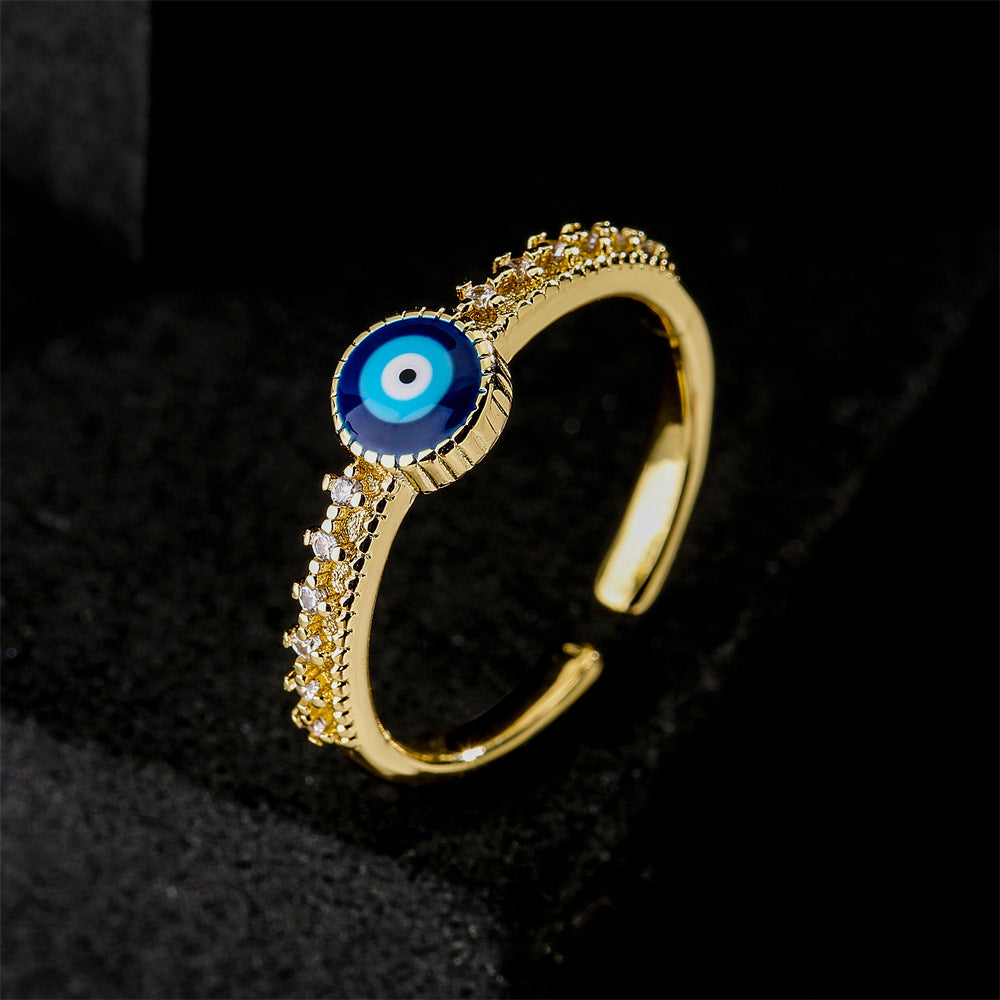 Geometric Evil Eye Open Ring in Copper with 18K Gold Plating and Micro-Pave Zirconia