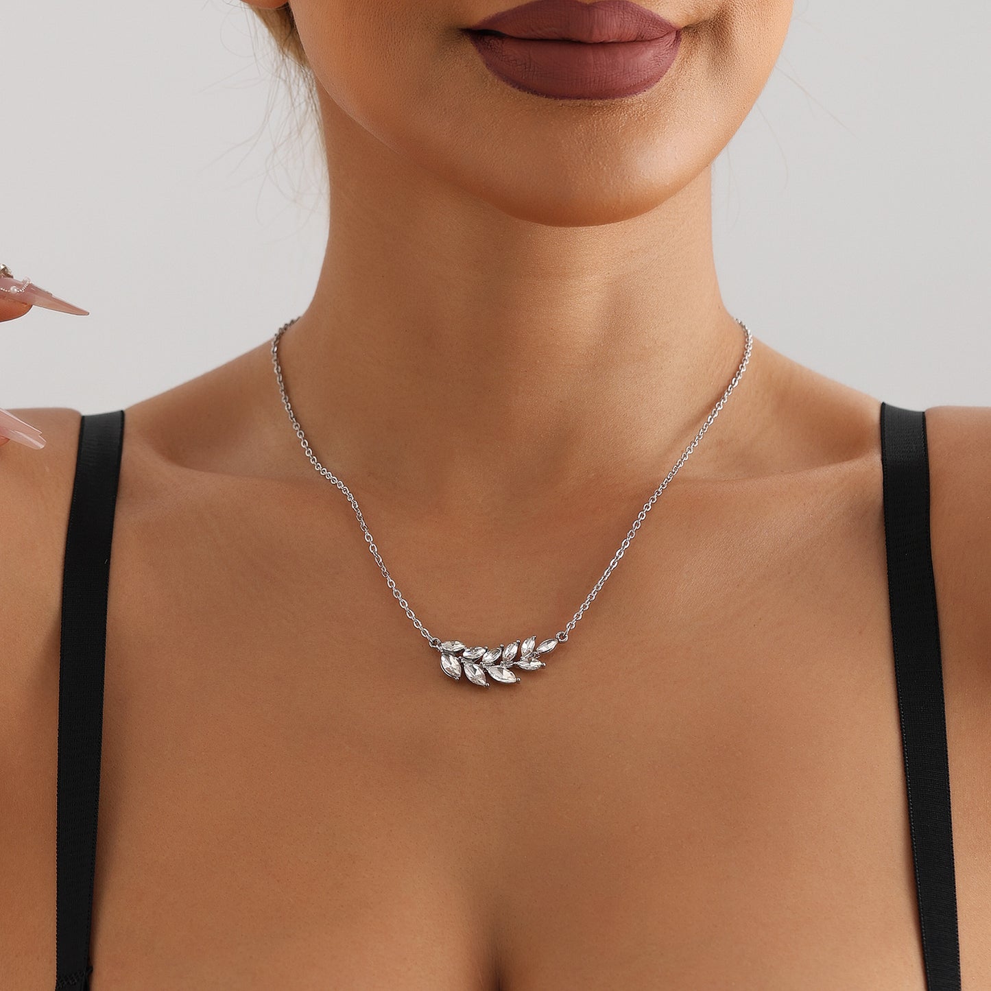 Minimalist Olive Branch Necklace with Rhinestone Accents in Plated Metal for Women