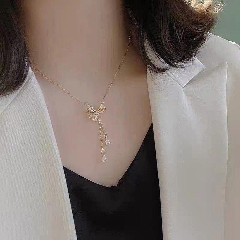 Original Design Tassel Bowknot Zircon Necklace 18K Gold Plated Titanium Steel O-Chain Unisex Jewelry