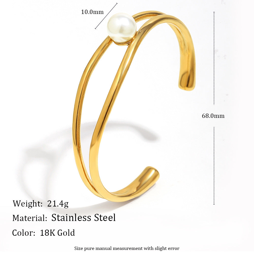 Bracciale da donna a doppio strato placcato oro 18 carati in acciaio inossidabile con design geometrico minimalista e perle simulate