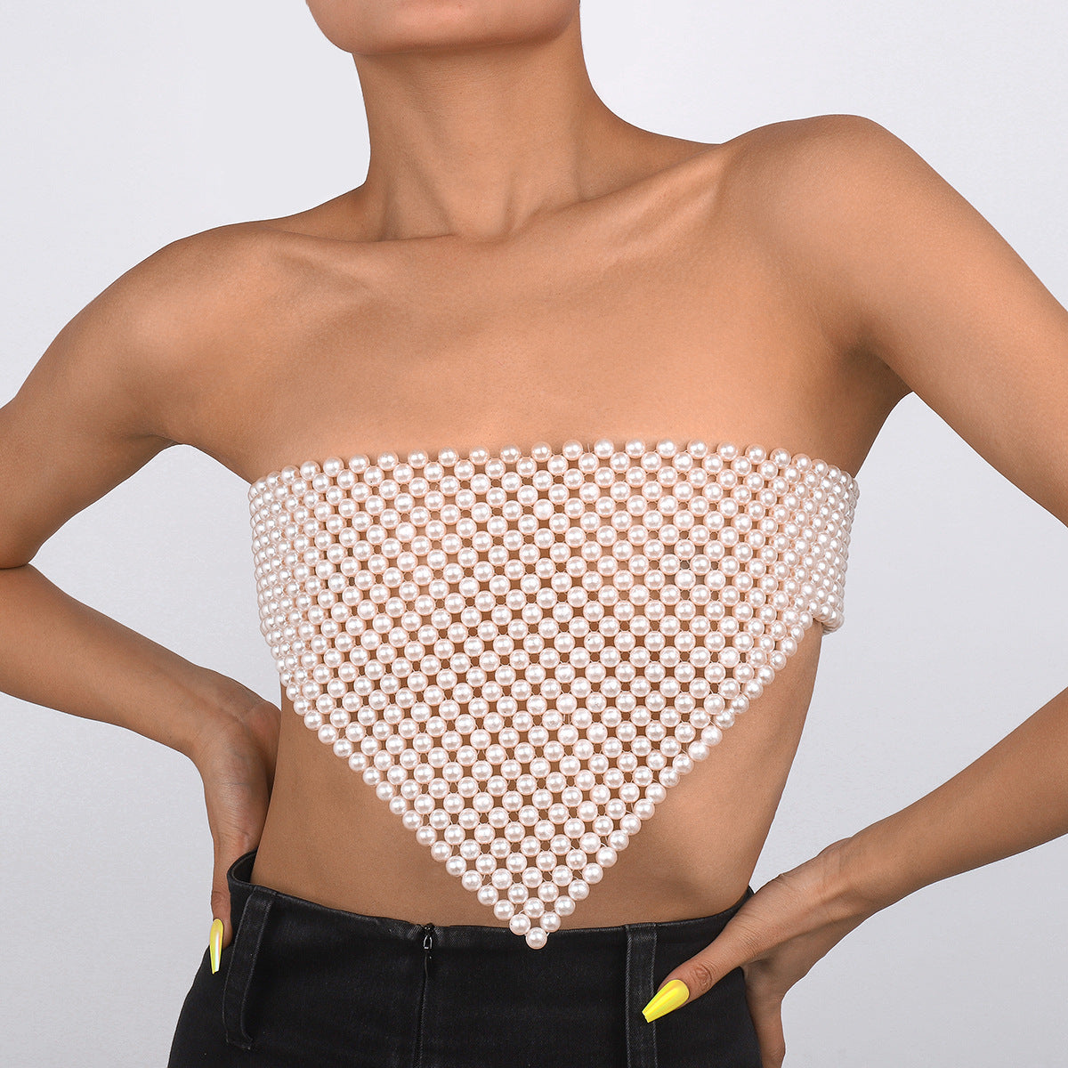 Catena per il corpo geometrica da donna con perle finte e perline in lega, gioiello artigianale in stile bohémien.