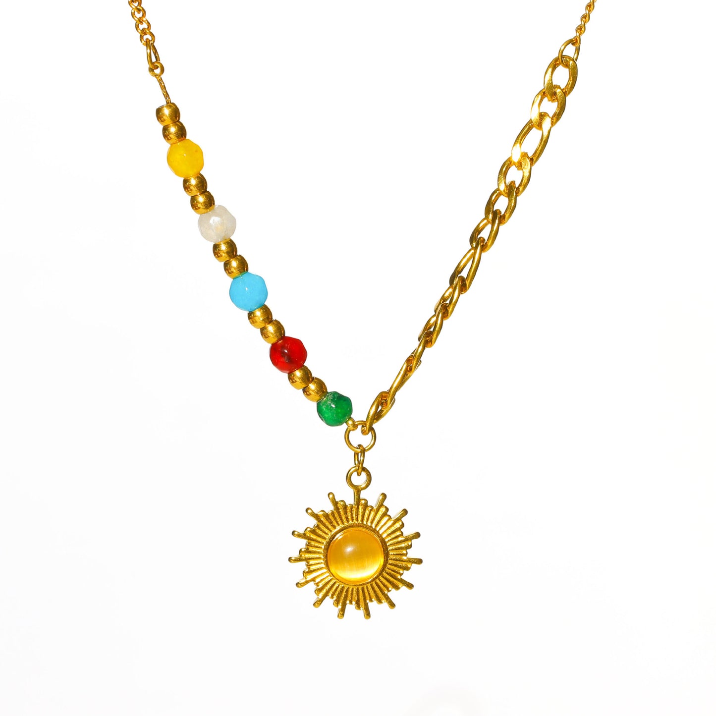 Collana pendente minimalista a forma di sole da donna in acciaio al titanio con placcatura in oro 18 carati e intarsio in pietra occhio di gatto
