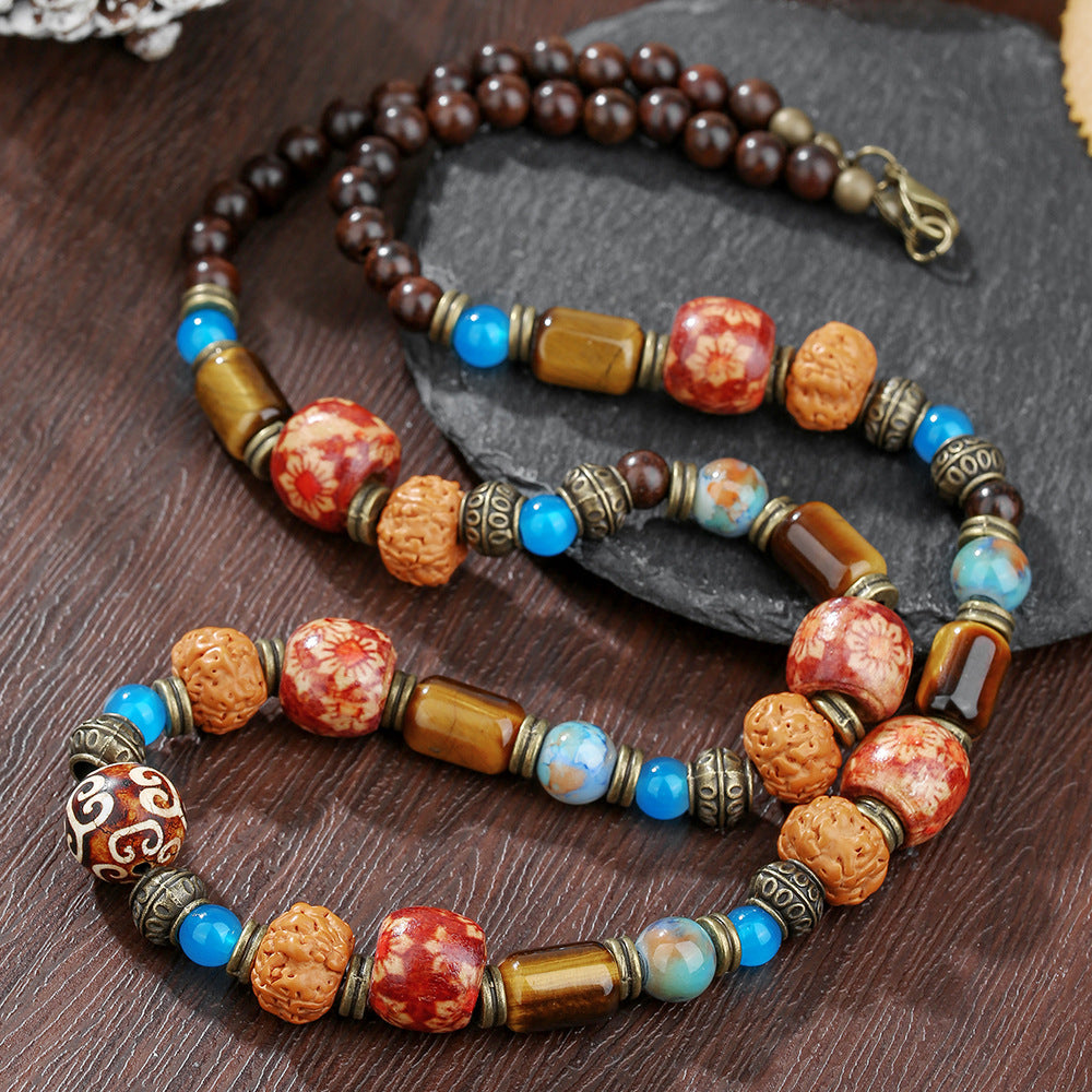Vintage Ethnic Geometric Round Tiger Eye Stone Wood Beaded Alloy Necklace for Men and Women