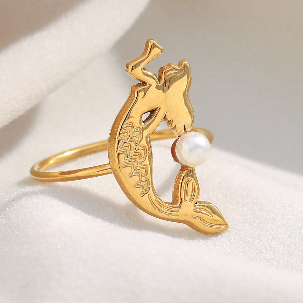Minimalist Geometric Stainless Steel Ring with 18K Gold Plating and Pearl-Like Accents for Women